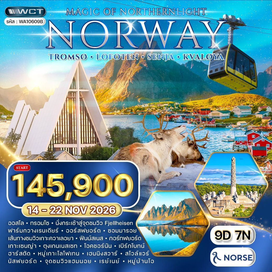 ทัวร์นอร์เวย์-ทรอมโซ-โลโฟเทน-เซนญ่า ล่าแสงเหนือ 9 วัน 7 คืน